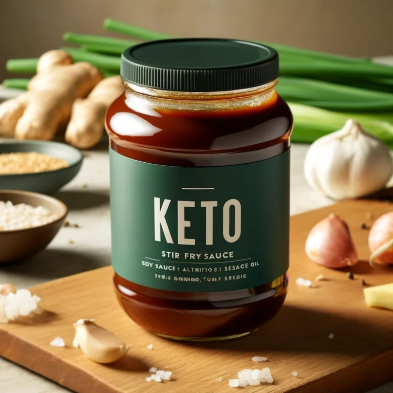A close-up of a jar of Keto Stir Fry Sauce. The sauce is a rich, dark brown with a glossy texture, suggesting it's made from soy sauce alternatives